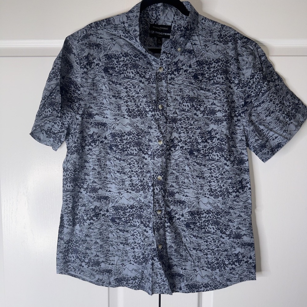 Banana Republic Shirt Mens Large Blue Nature Slim Fit Short Sleeve‎ Button Up